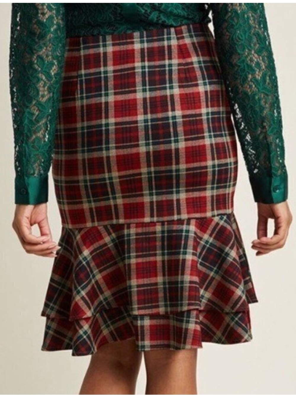 Modcloth Plaid Peplum Tiered Fluted Fitted Skirt M Retro Green Burgundy Party
